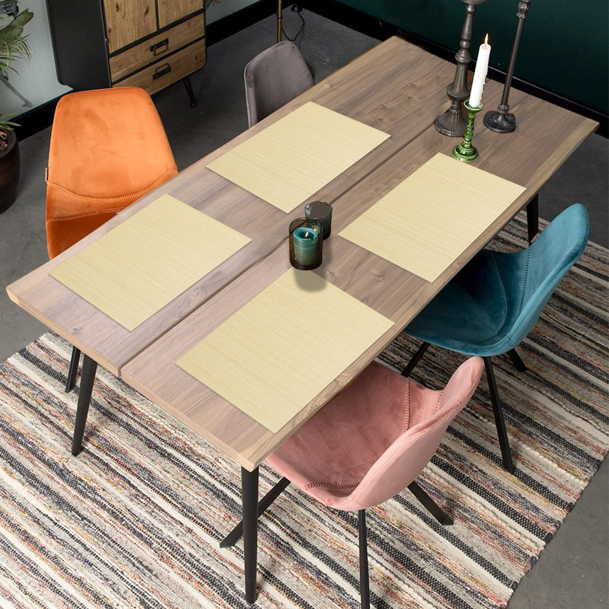 Buff Beige Colour handwoven bamboo table mat texture heat resistant design | Hokipo
