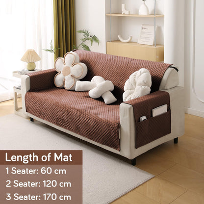 Quilted Velvet Sofa Cover Mat with Side Pockets, Pet Friendly, Russet Brown