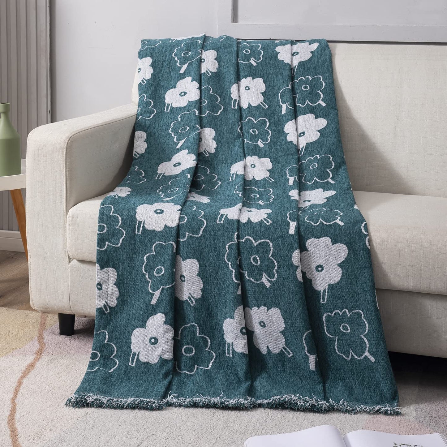 Thick, Soft and Pet Friendly Chenille Sofa Cover Throw, Teal Floral