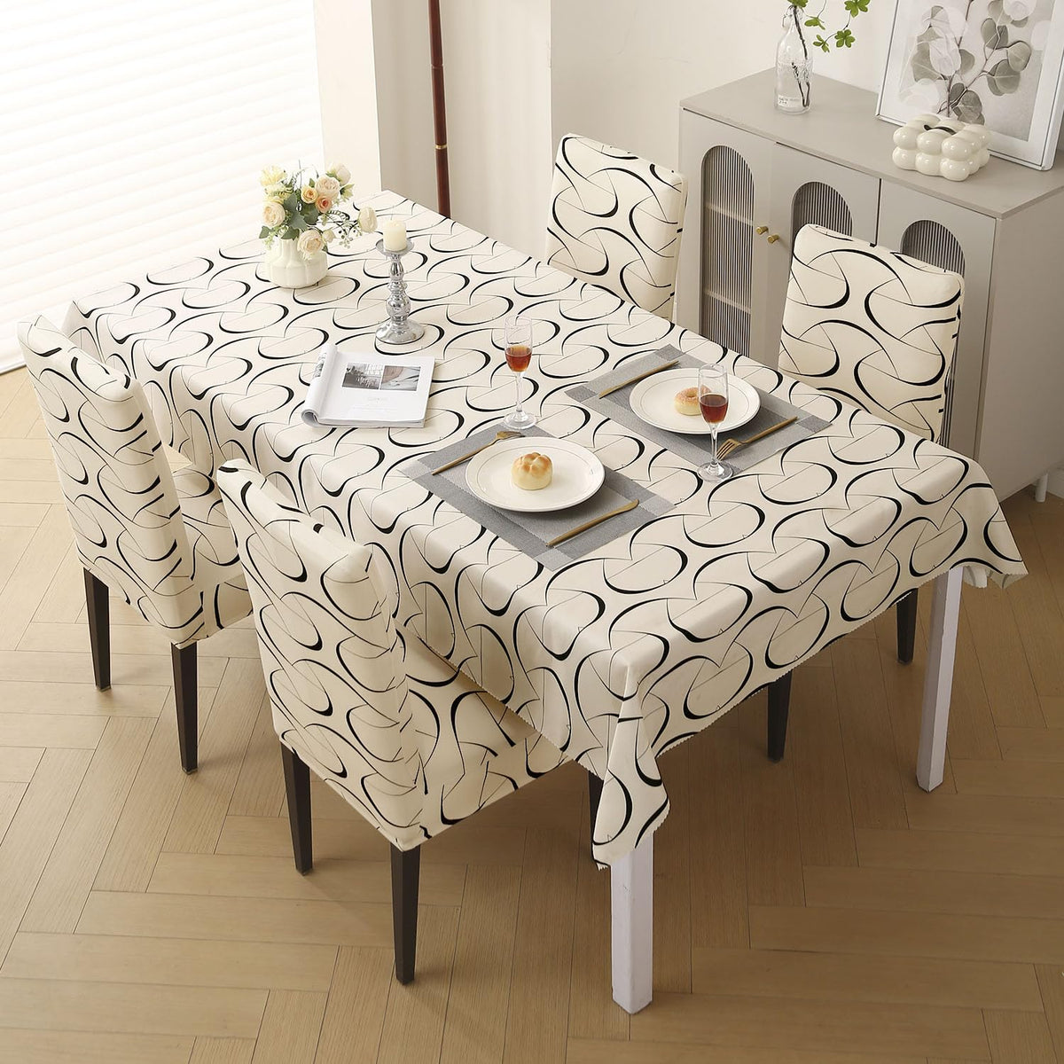 Elastic Dining Chair Covers with Matching Tablecloth, Natural Beige Abstract Art