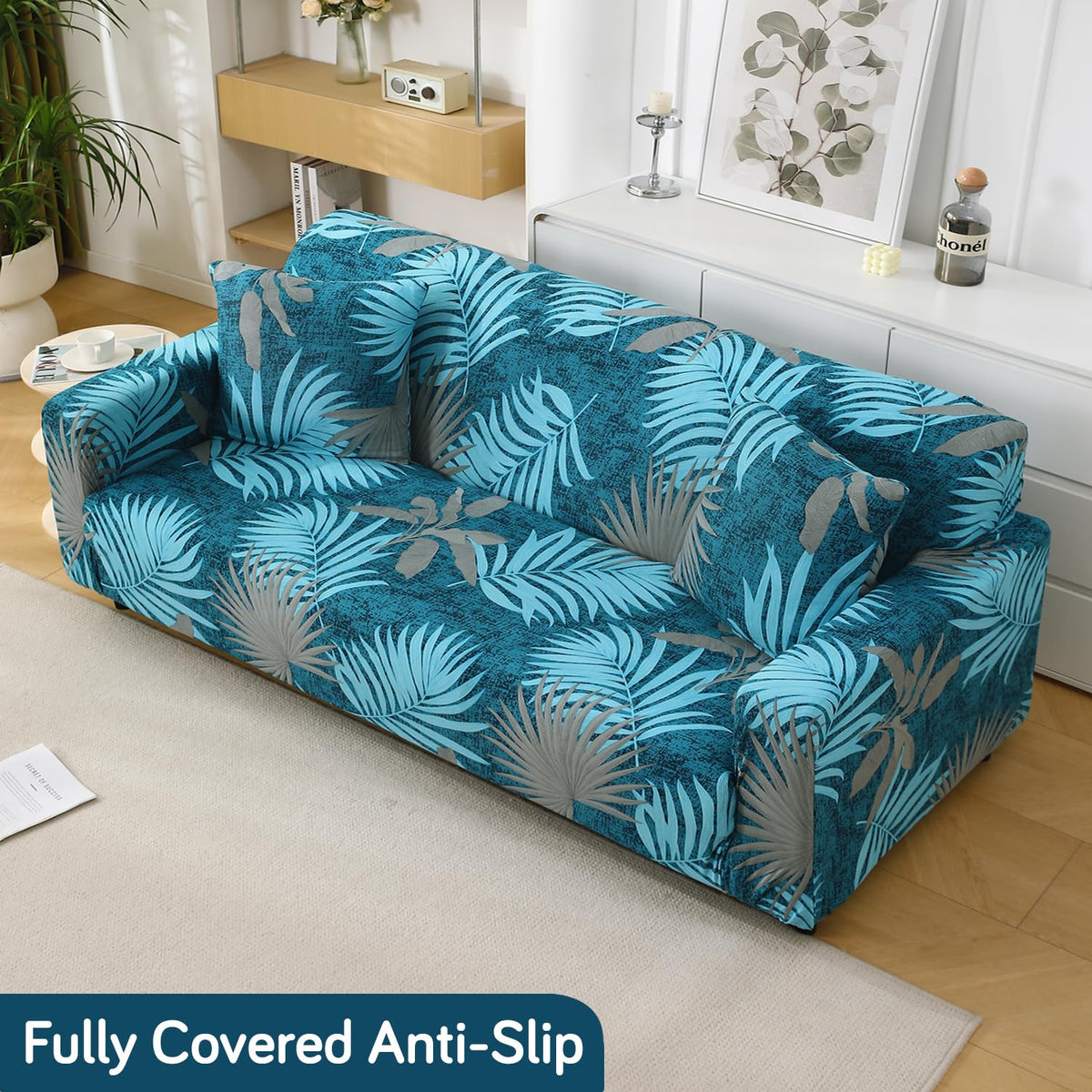Sea Blue Tropical Leaves Printed modern non slip elastic 2 seater sofa cover