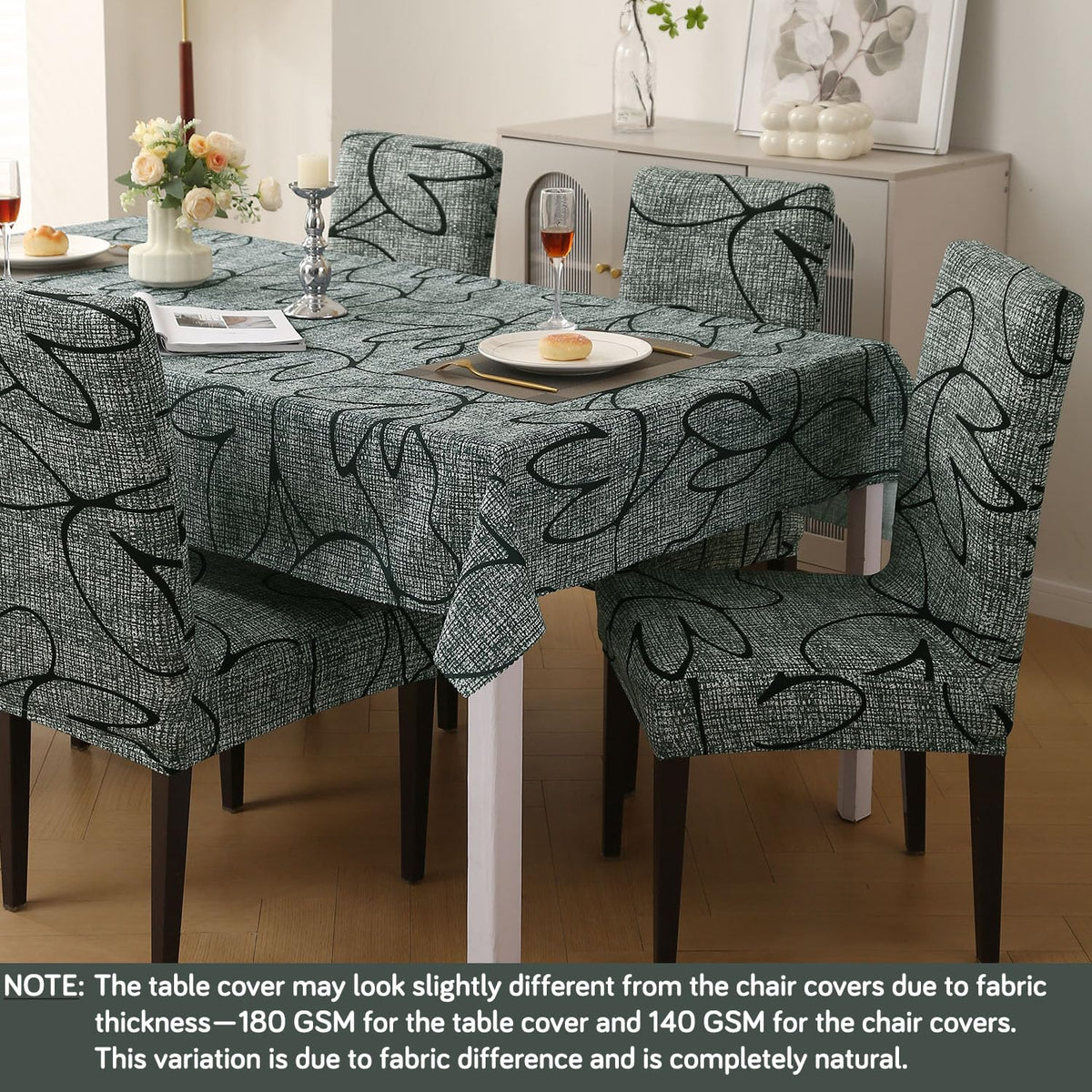 Elastic Dining Chair Covers with Matching Tablecloth, Intense Grey Abstract Floral