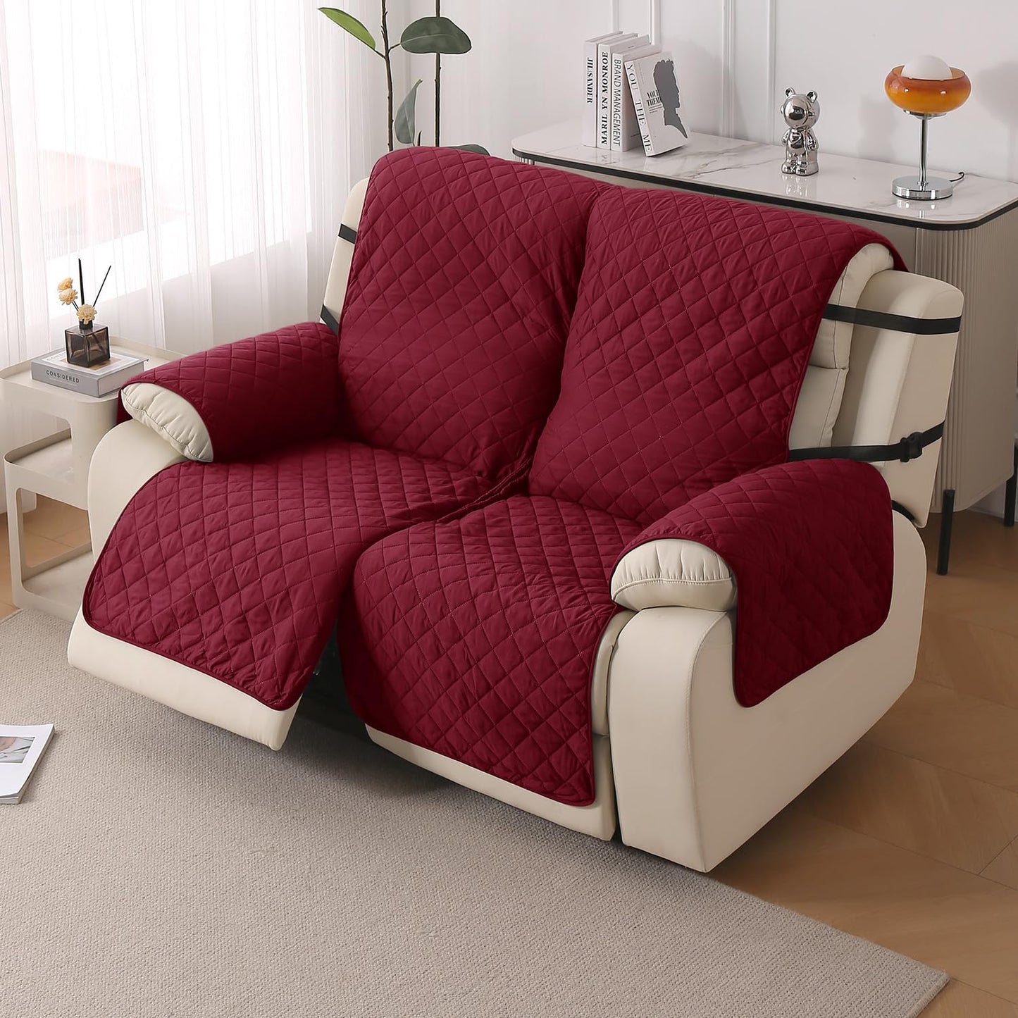 UrbanQuilt Recliner Sofa Slipcover Mat with Dual Belt for 1/2/3 Seater - Maroon