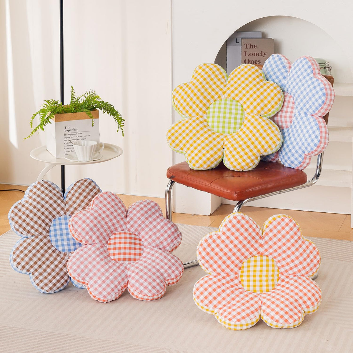HOKIPO Checkered Daisy Flower Cushion for Sofa & Bed, 49 cm, Blue