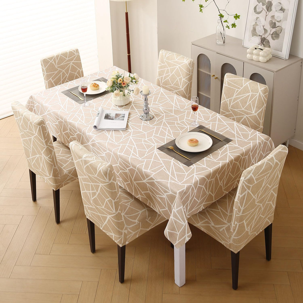 Elastic Dining Chair Covers with Matching Tablecloth, Beige Abstract Geometry
