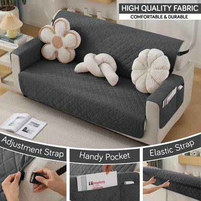 Quilted Waterproof Sofa Cover Mat with Pockets on Armrest Cover - Grey
