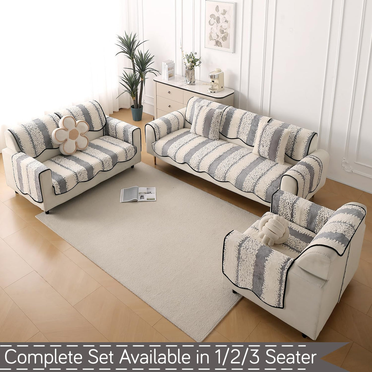 Luxury Sofa Cover Set | Seat, Back & Arm Covers | Anti-Slip Wavy Mat – Pewter Grey
