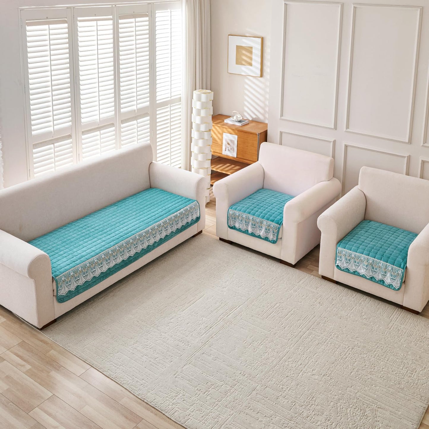 BelleLace Series Imperial Milk Velvet Sofa Cover Mat with Lace Design - Teal