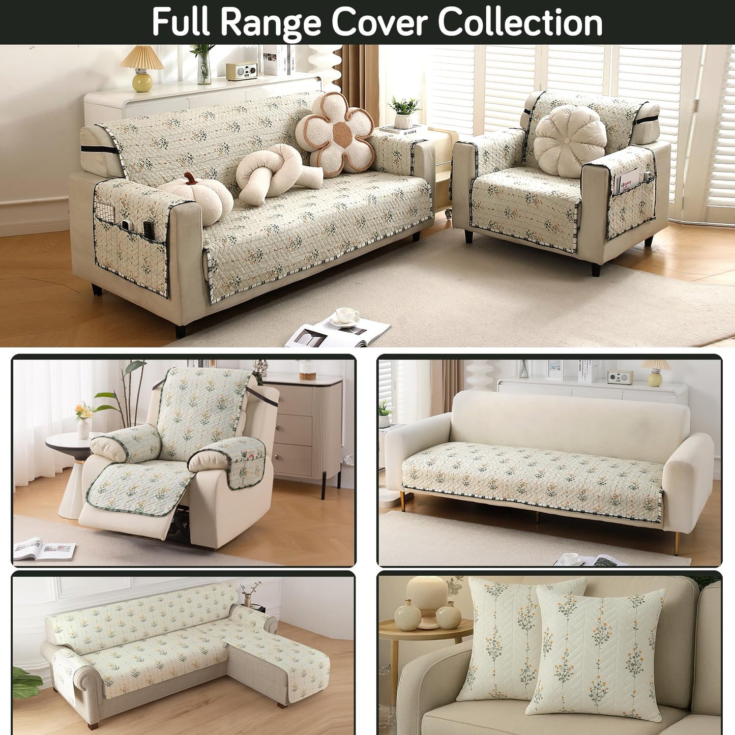 Printed Quilted Sofa Cover Mats, Light Green Ash Gypsy Flower