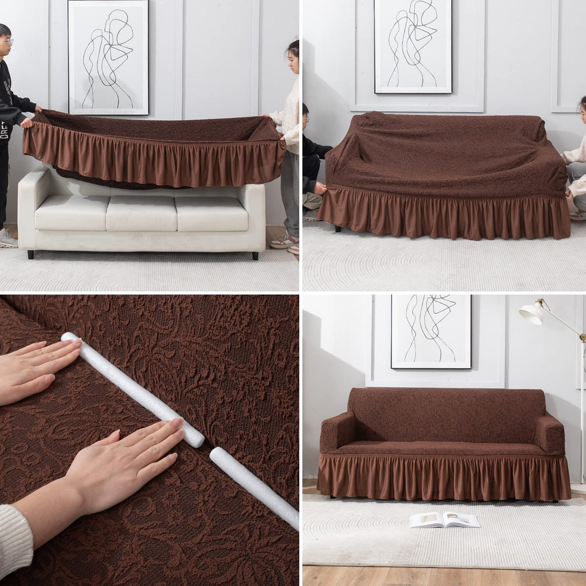 How to put elastic stretchable Pecan Brown designer woven jacquard frill sofa cover guide