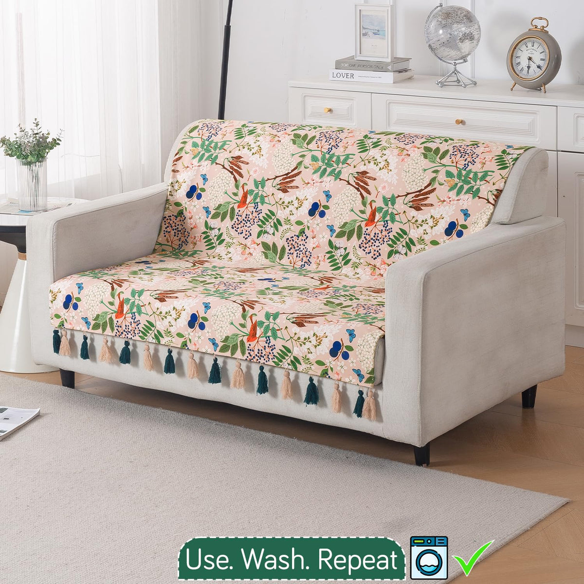'Whispers of Nature' Series Holland Velvet Sofa Cover with Tassel, Beige Woodland Bloom
