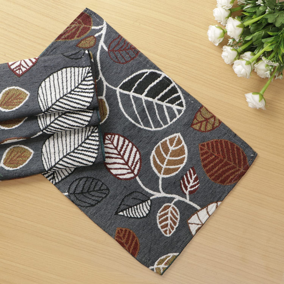 Cotton Jacquard Dining Table Mats, Grey Leaves