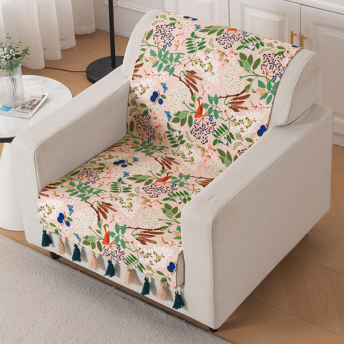 'Whispers of Nature' Series Holland Velvet Sofa Cover with Tassel, Beige Woodland Bloom