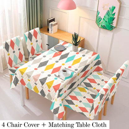 Elastic Dining Chair Covers Set of 4/6 with Matching Tablecloth, Rhombus Multicolor