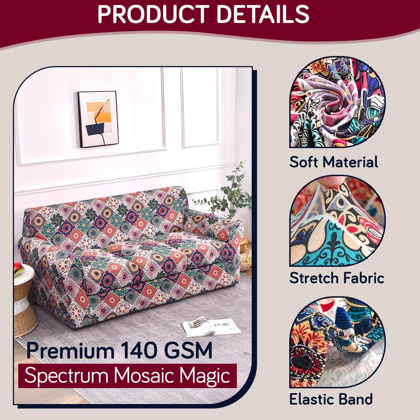 Printed Stretchable Sofa Slipcover with 1/2/3 Pc Separate Seat Cushion Cover for each 1/2/3 Seater, Spectrum Mosaic Magic