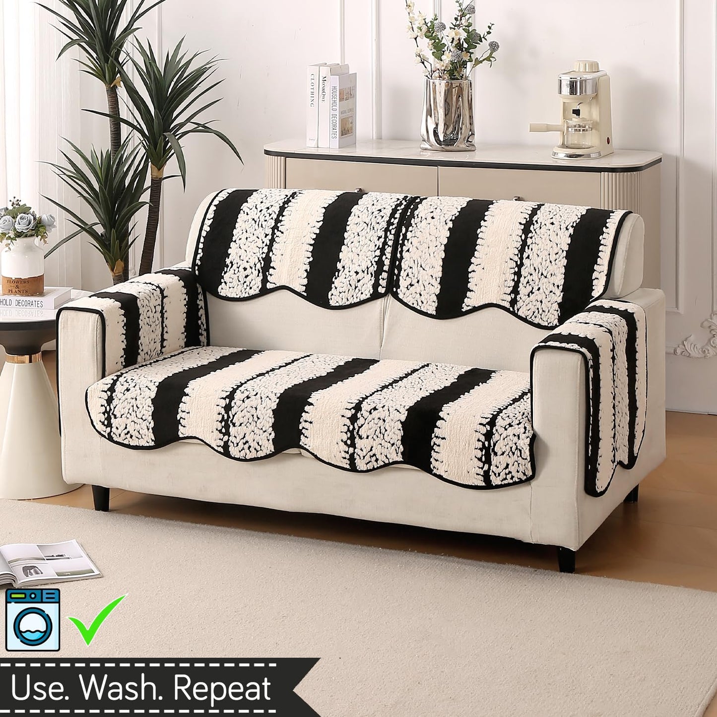 Luxury Sofa Cover Set | Seat, Back & Arm Covers | Anti-Slip Wavy Mat – Black