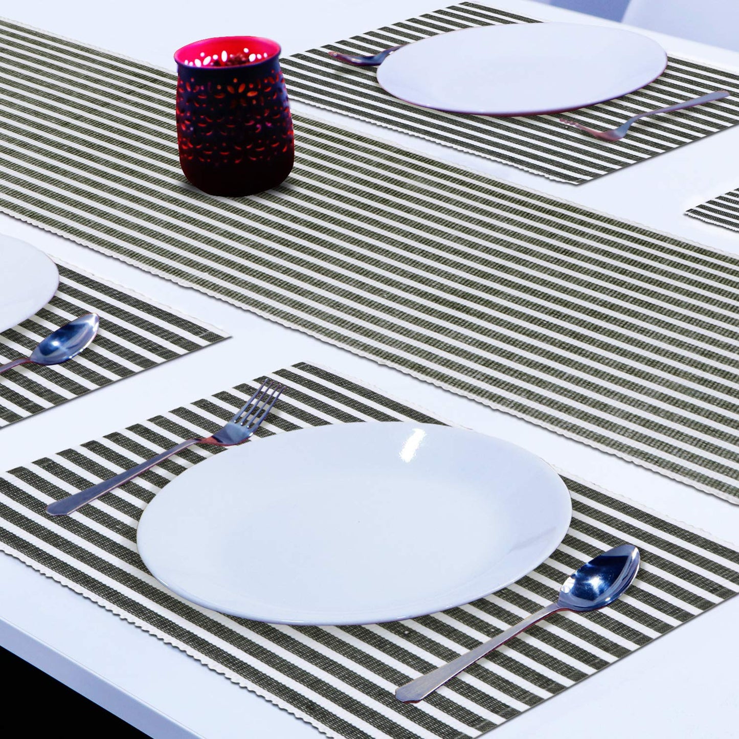 Ribbed Cotton Heat Resistant Dining Table Mat, Grey Striped