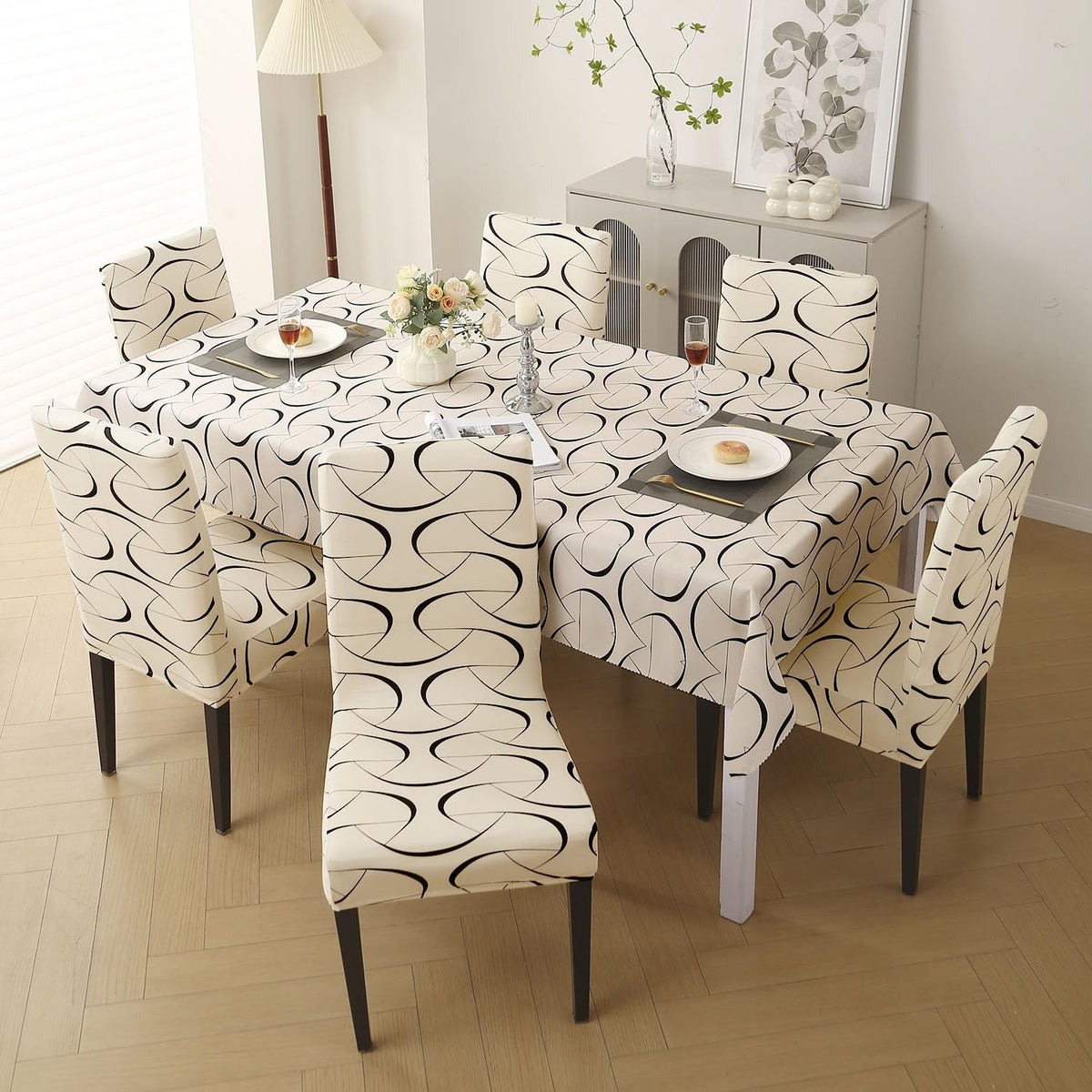 Elastic Dining Chair Covers with Matching Tablecloth, Natural Beige Abstract Art