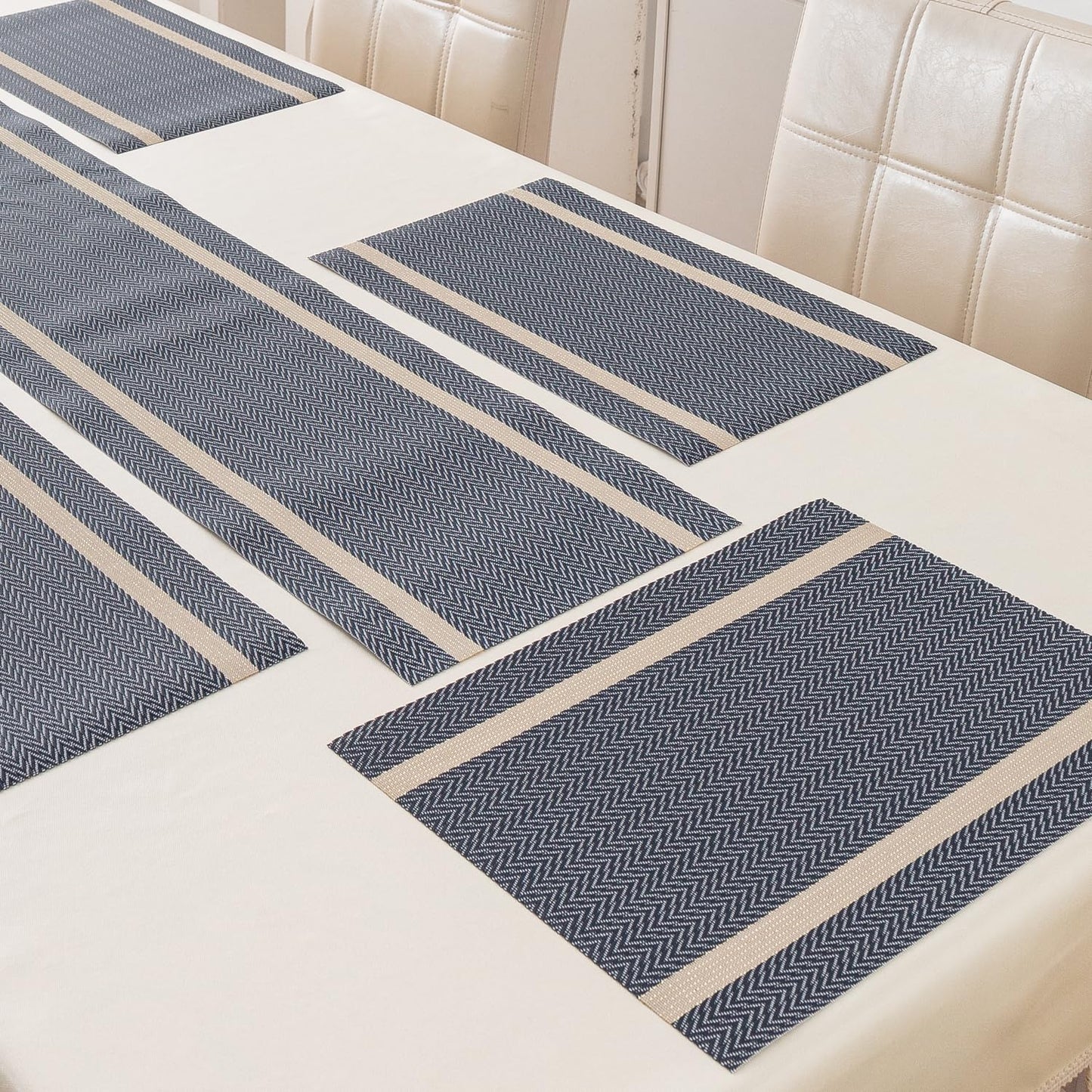 Chevron Stripes PVC Mats for Dining Table - Charcoal Blue
