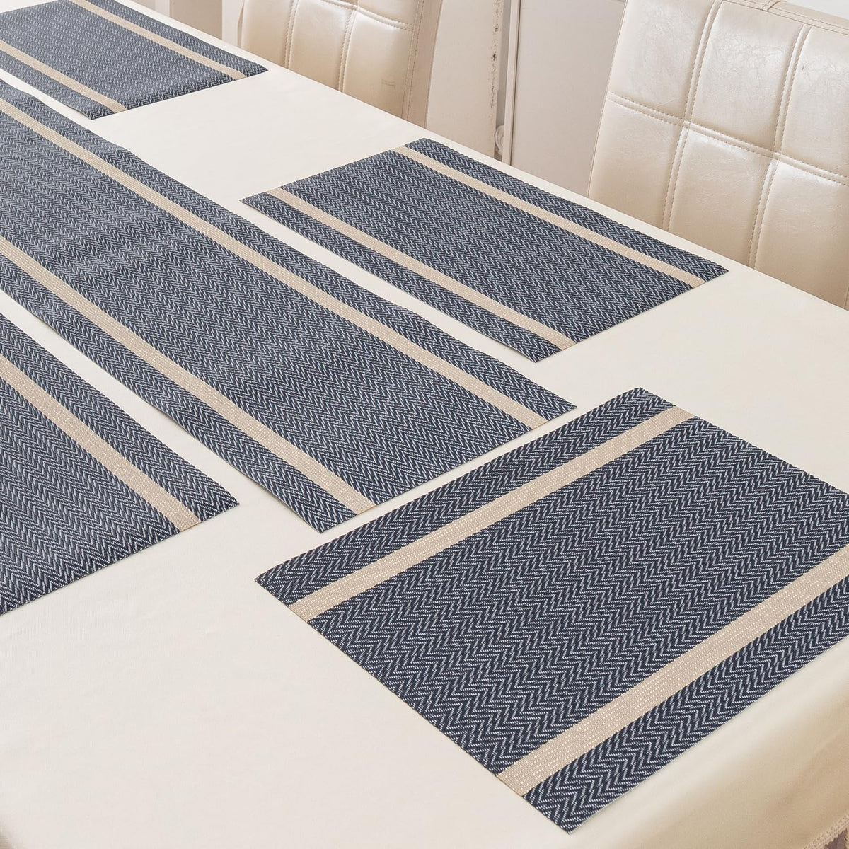Chevron Stripes PVC Mats for Dining Table - Charcoal Blue