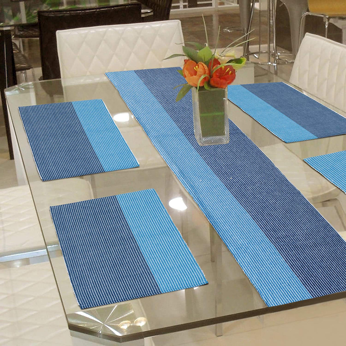 Ribbed Cotton Heat Resistant Dining Table Mat, Sky Blue