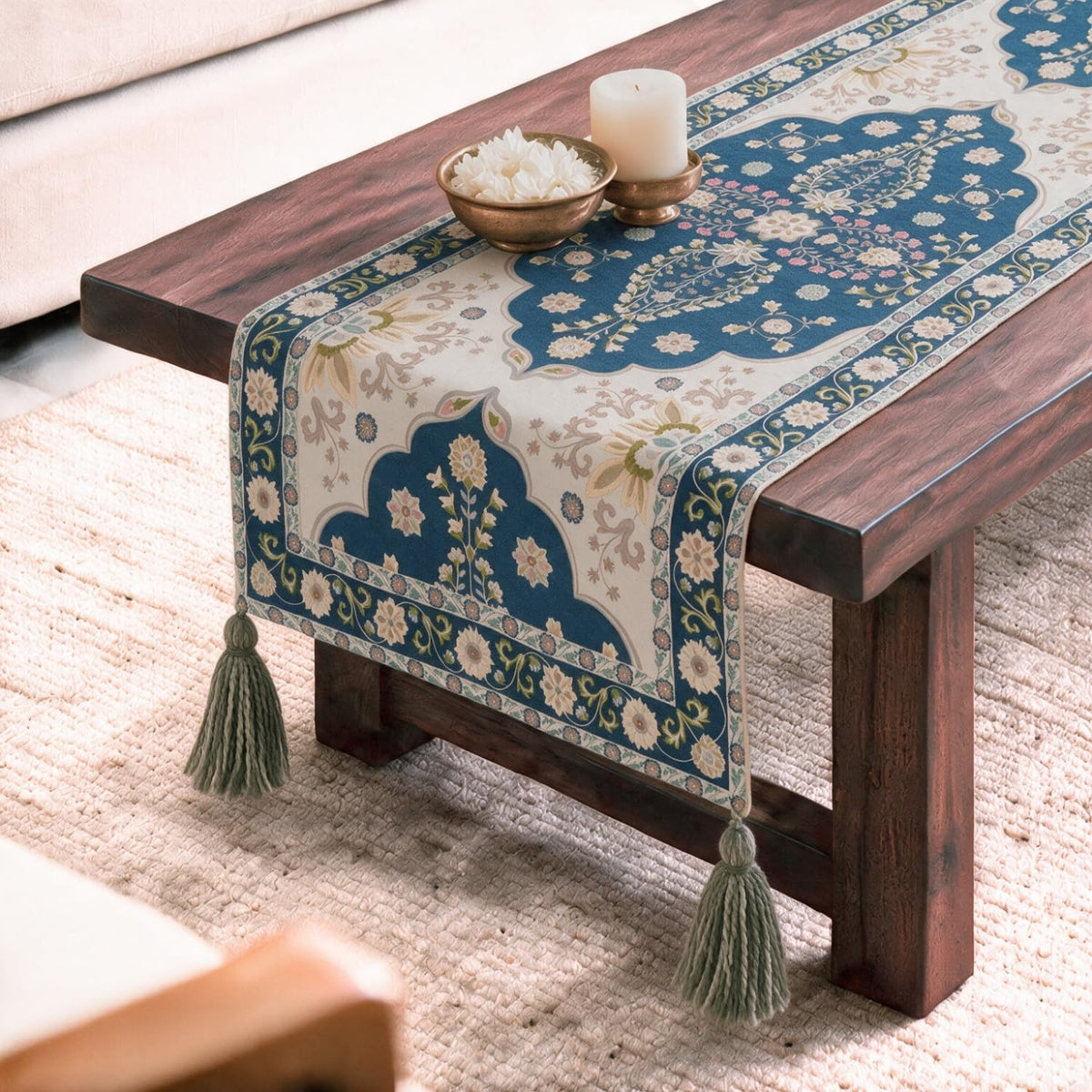 HOKIPO Heritage Pattern Printed & Embroidered Table Runner, Navy Blue - image 8