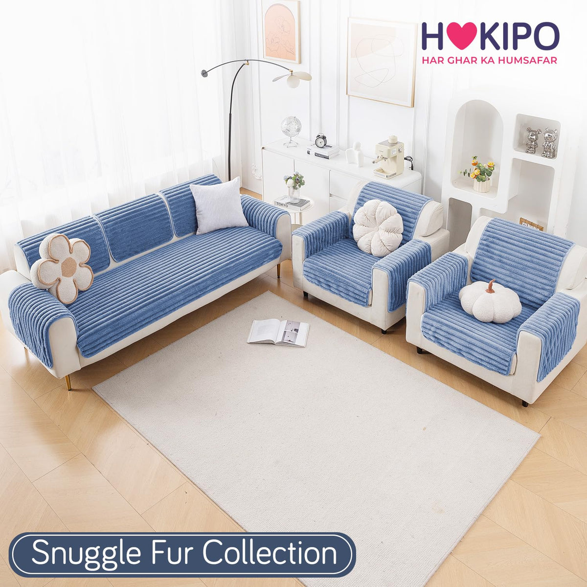 Faux Rabbit Fur Sofa Cover Combination Set, 'Snuggle Fur Series' Denim Blue