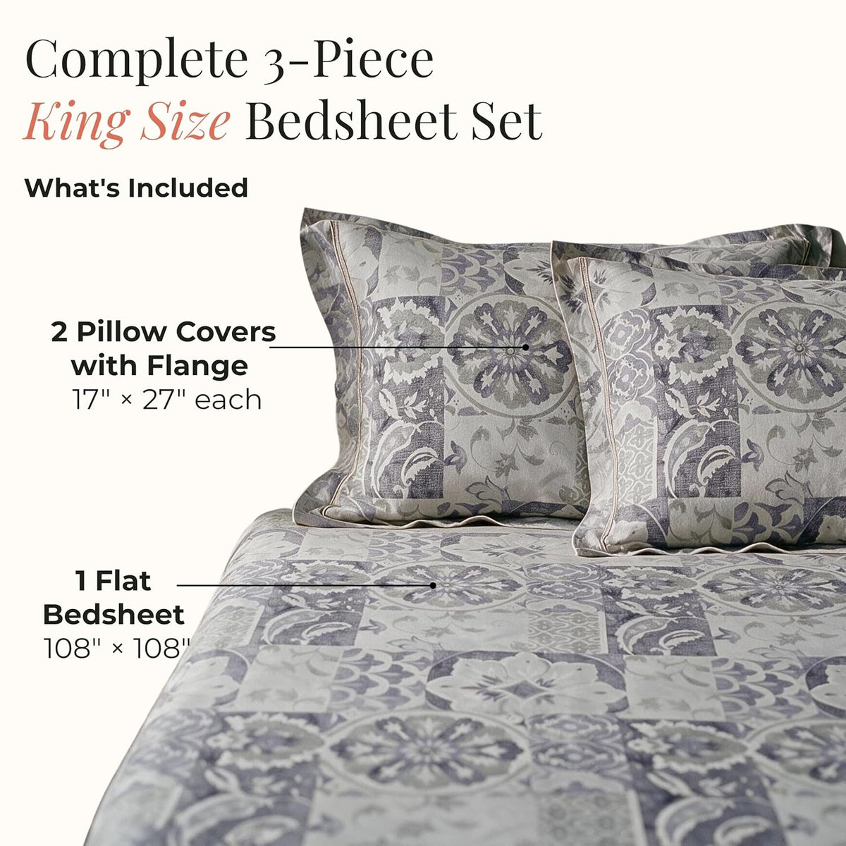 HOKIPO Suzani Patchwork 210 TC Cotton Sateen Flat Bedsheet, King, Violet - image 5