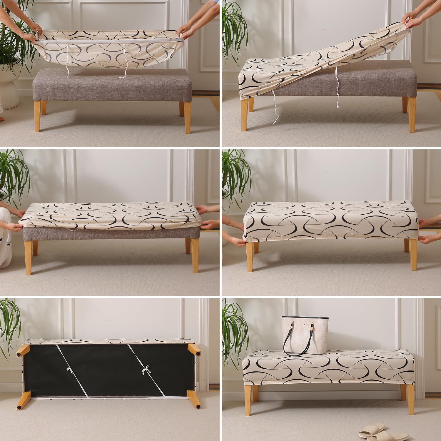 Elastic Printed Dining Bench Stretchable Slipcover, Natural Beige Abstract Art