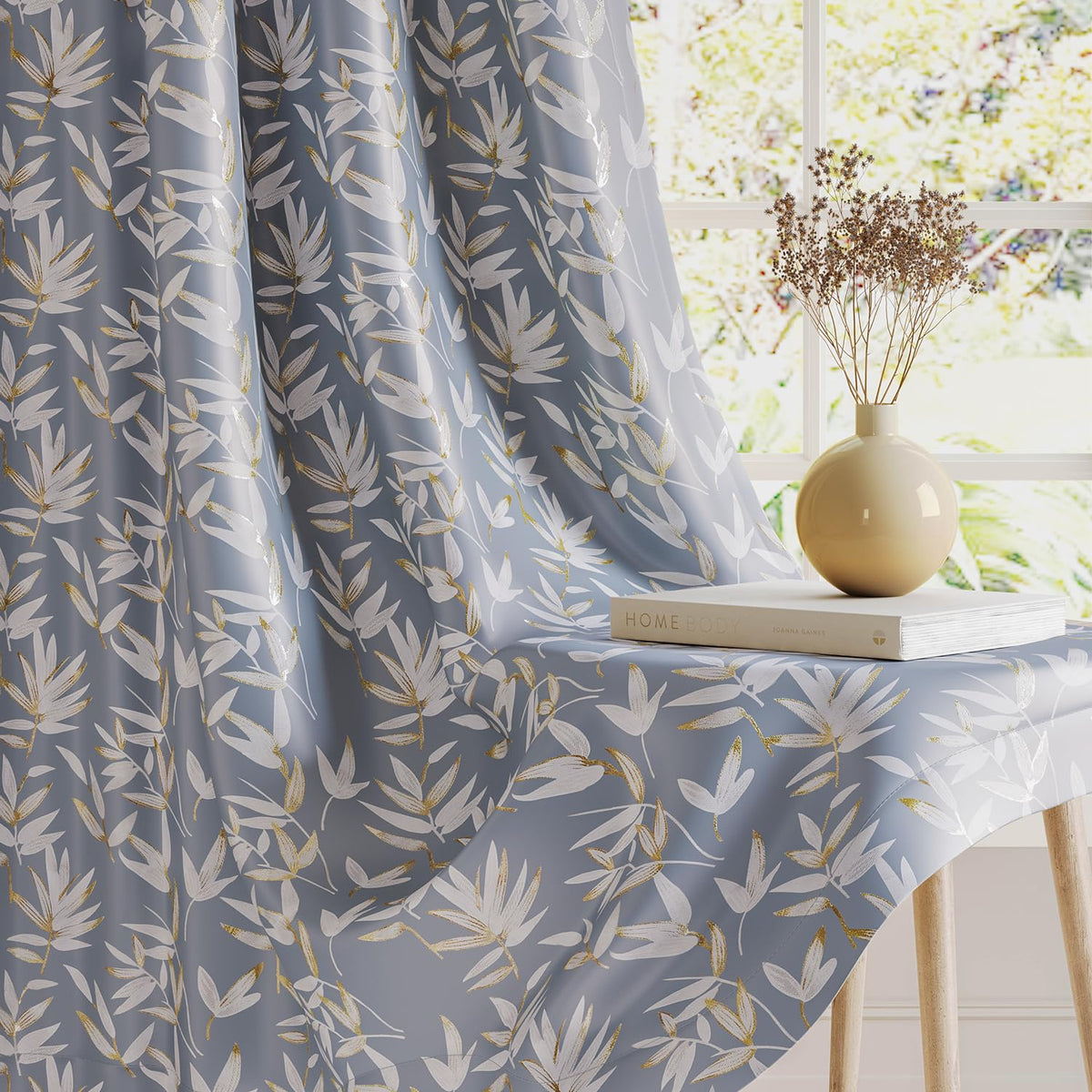 HOKIPO Luxe Foliage Foil Printed Curtains, 7 Feet Long - Steel Grey