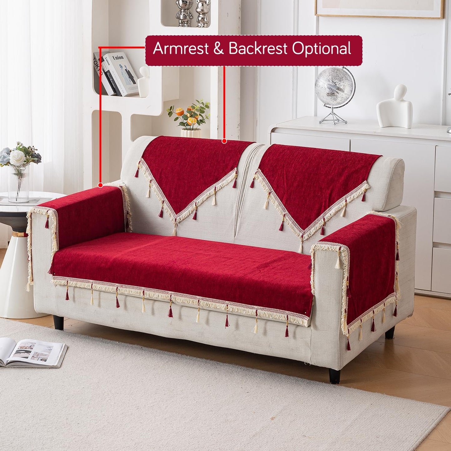 Serenity Tassel Chenille Sofa Cover with Tassel – Crimson Ruby