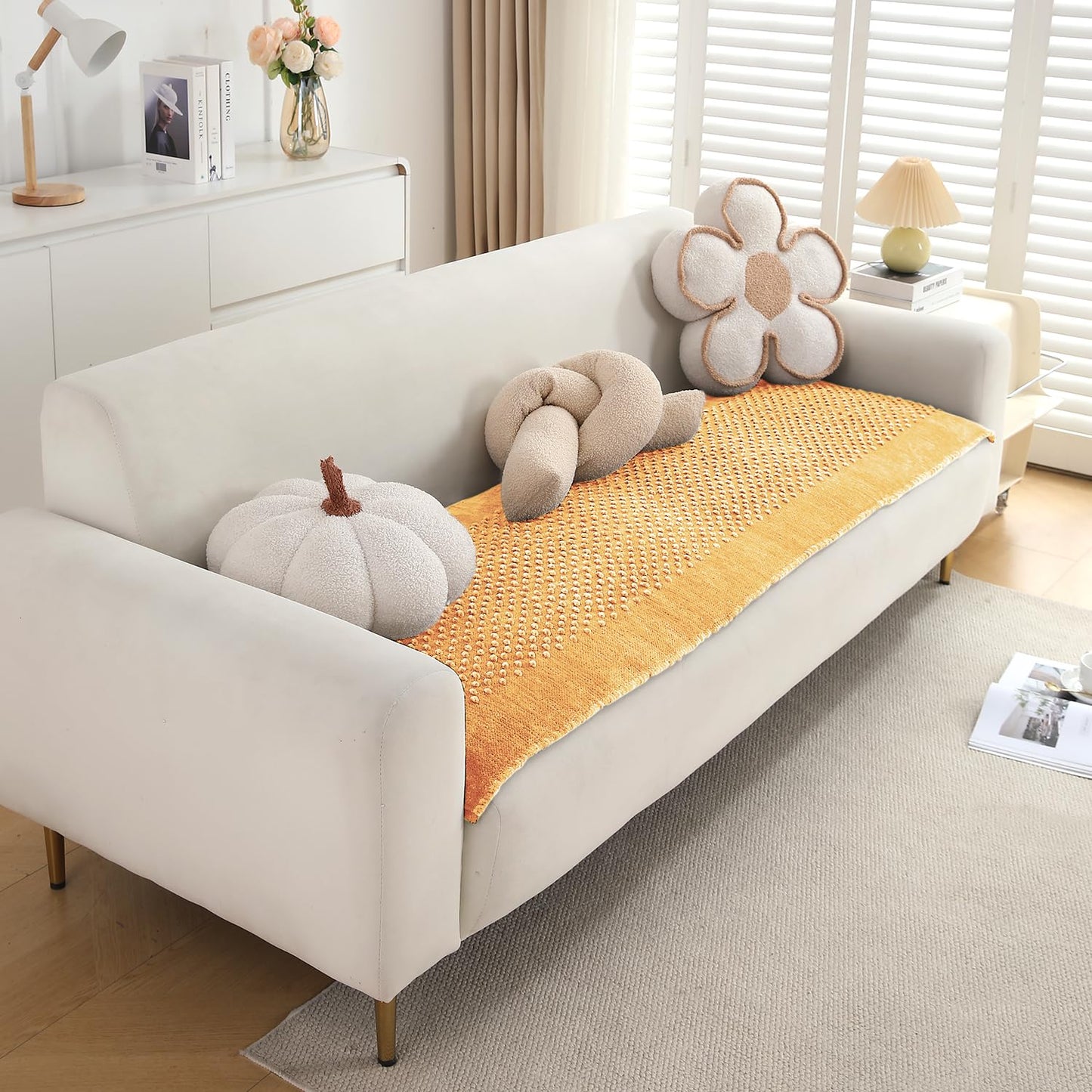 Handloom Made Thick Poly Velvet Reversible Sofa Mat for 1/2/3 Seater, Buff Cream