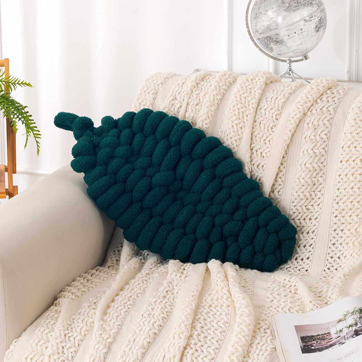 HOKIPO Leaf Shaped Plush Cushion for Sofa, Chair & Bed, 62 cm, Dark Green