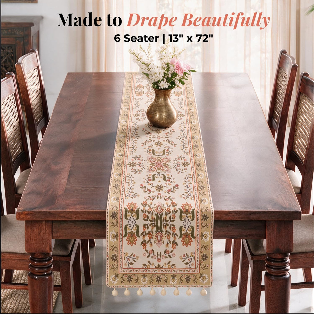 HOKIPO Garden Floral Printed & Embroidered Table Runner, Golden Tan - image 6