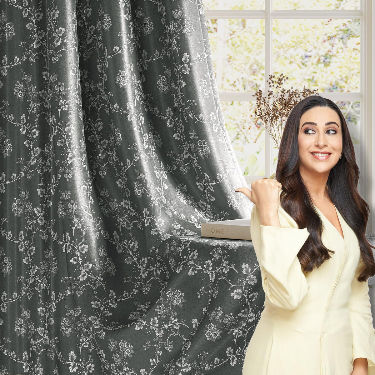 HOKIPO Bahaar Eyelet Curtains, 7 Feet Long - Charcoal Grey