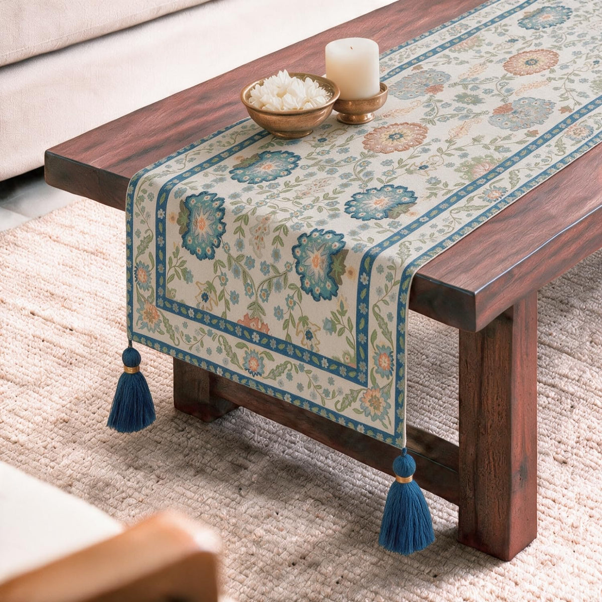 HOKIPO Floral Printed Table Runner with Embroidered Details, Ivory & Blue - image 8
