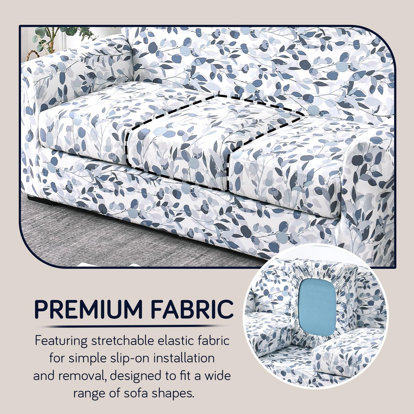Printed Stretchable Sofa Slipcover with 1/2/3 Pc Separate Seat Cushion Cover for each 1/2/3 Seater,Frost Blue Foilage