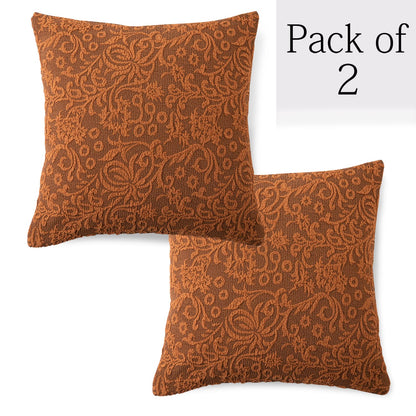 Elegant Caramel Brown Colour Woven Jacquard Zippered Square Cushion Cover - Set of 2