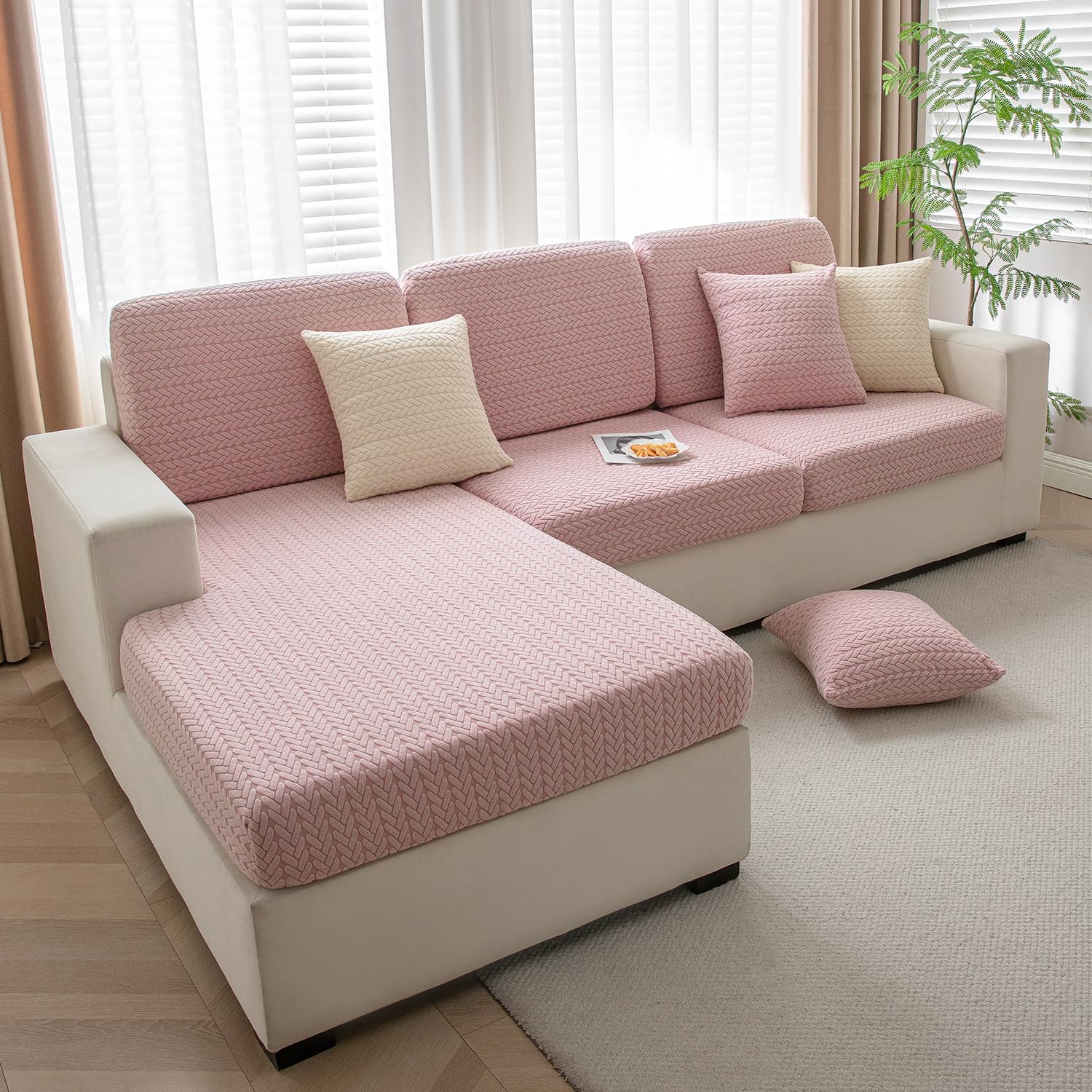 Luxurious Pink Colour Grid Jacquard Sofa Pillow Cover