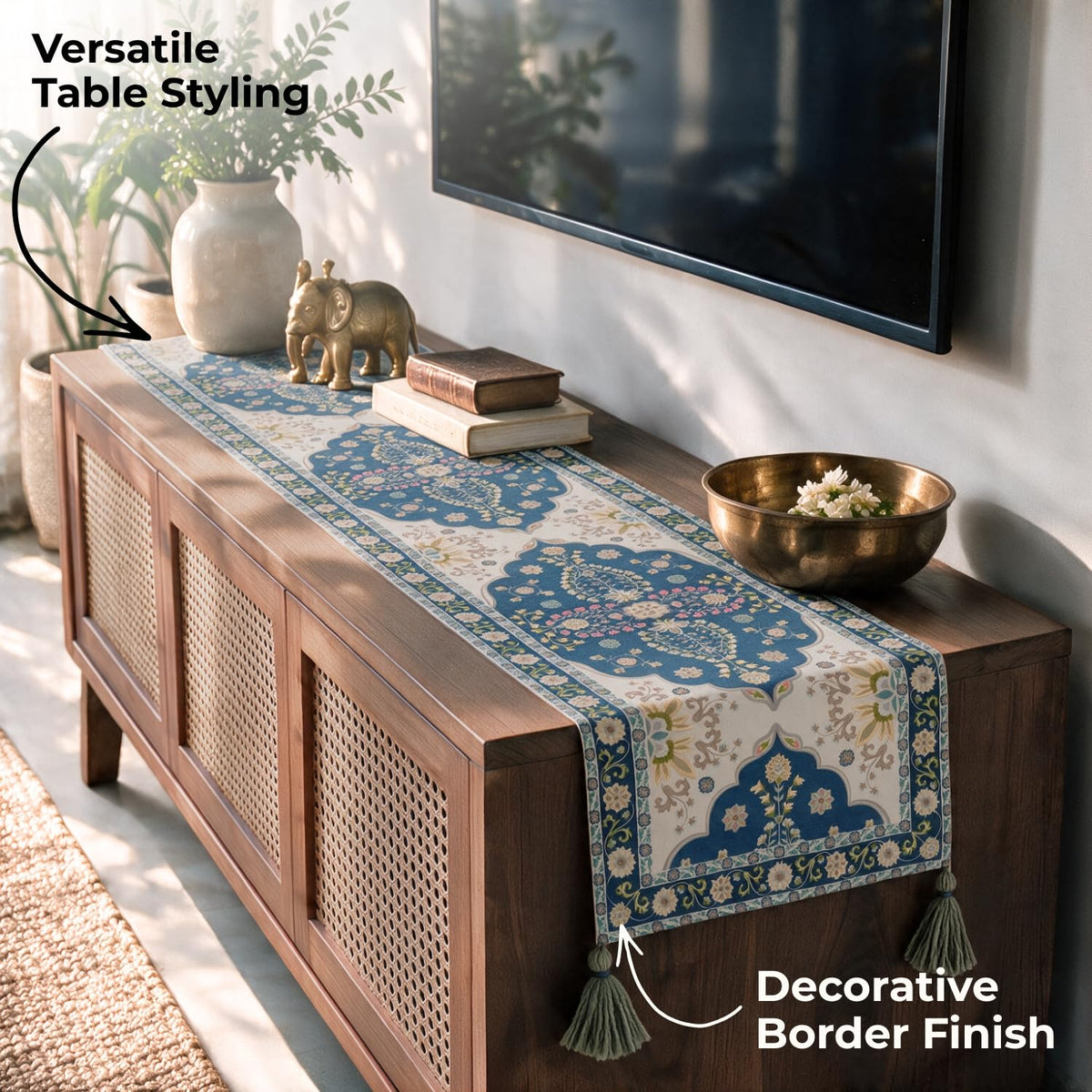 HOKIPO Heritage Pattern Printed & Embroidered Table Runner, Navy Blue - image 5
