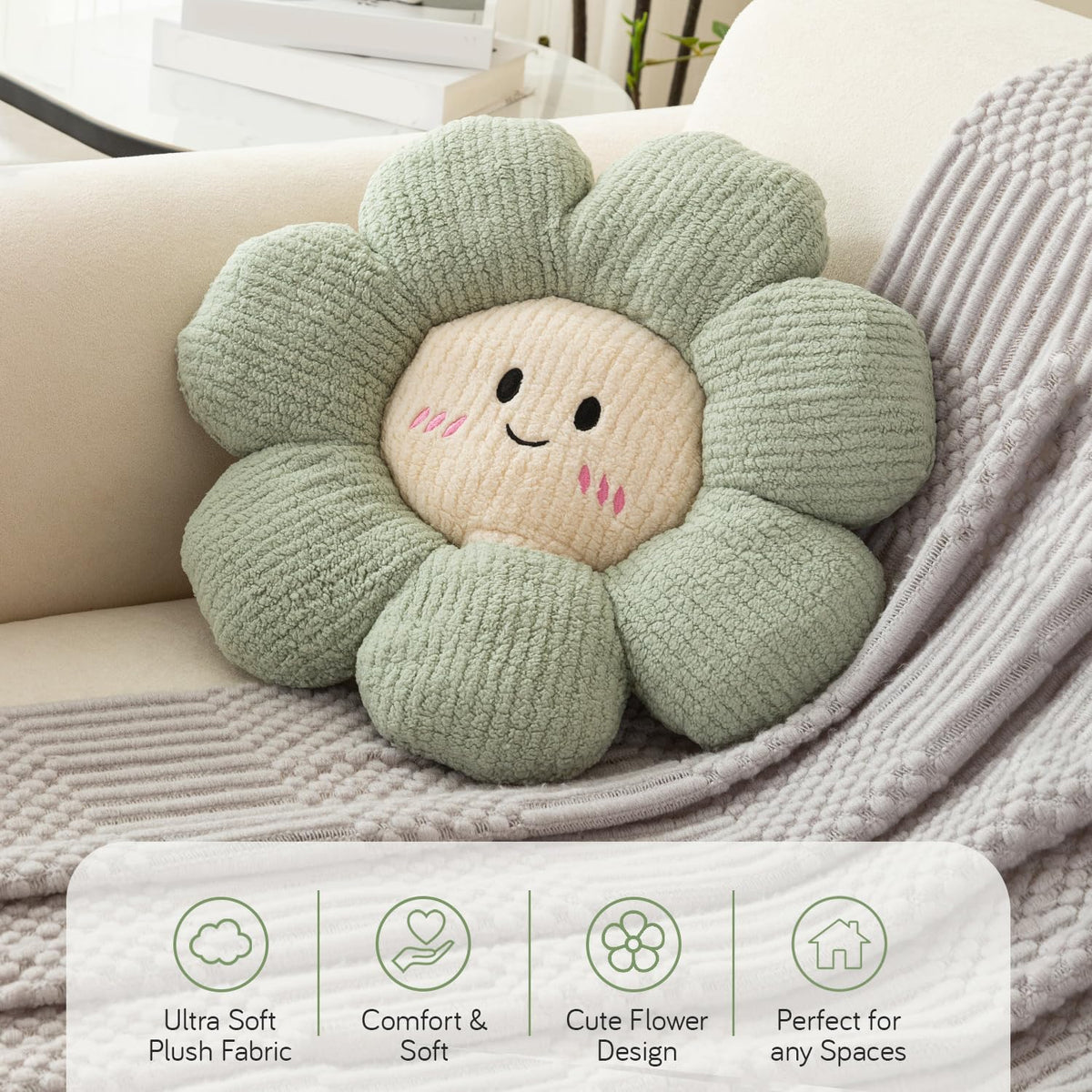 HOKIPO Cute Flower Plush Pillow | Soft Smiley Face Throw Cushion for Sofa, Couch & Bed | Fluffy Floral Pillow for Kids Room, Nursery & Home Décor | 46 cm, Sage Green (AR-6729-SGRN)