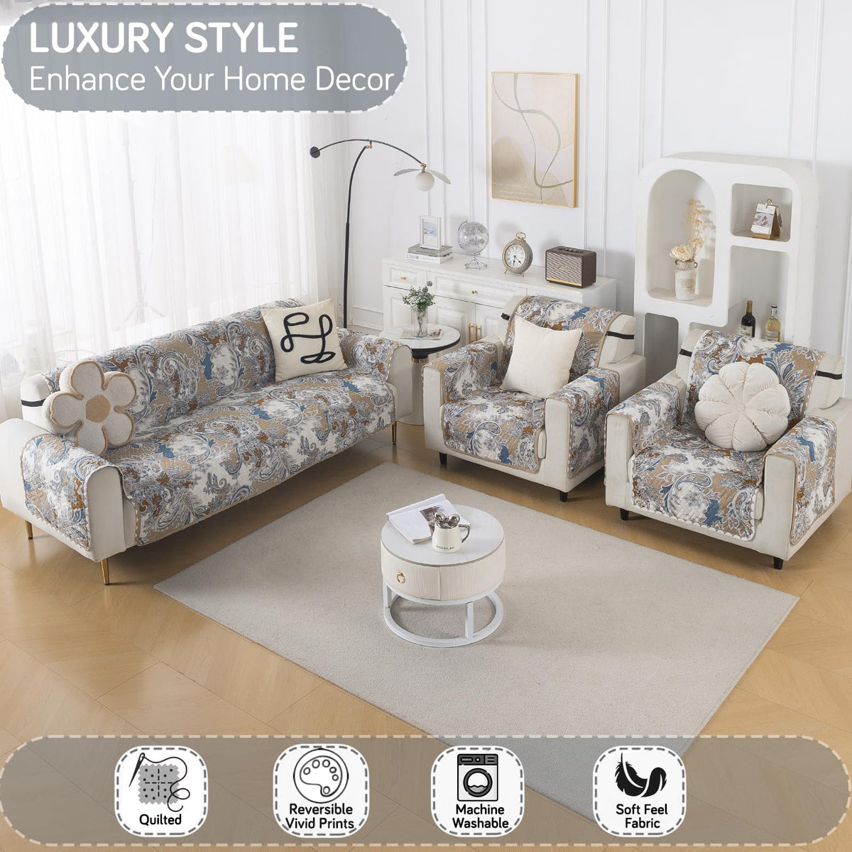 Easy Drape Reversible Quilted 5-Seater Sofa Cover (3+1+1), Urban Floral