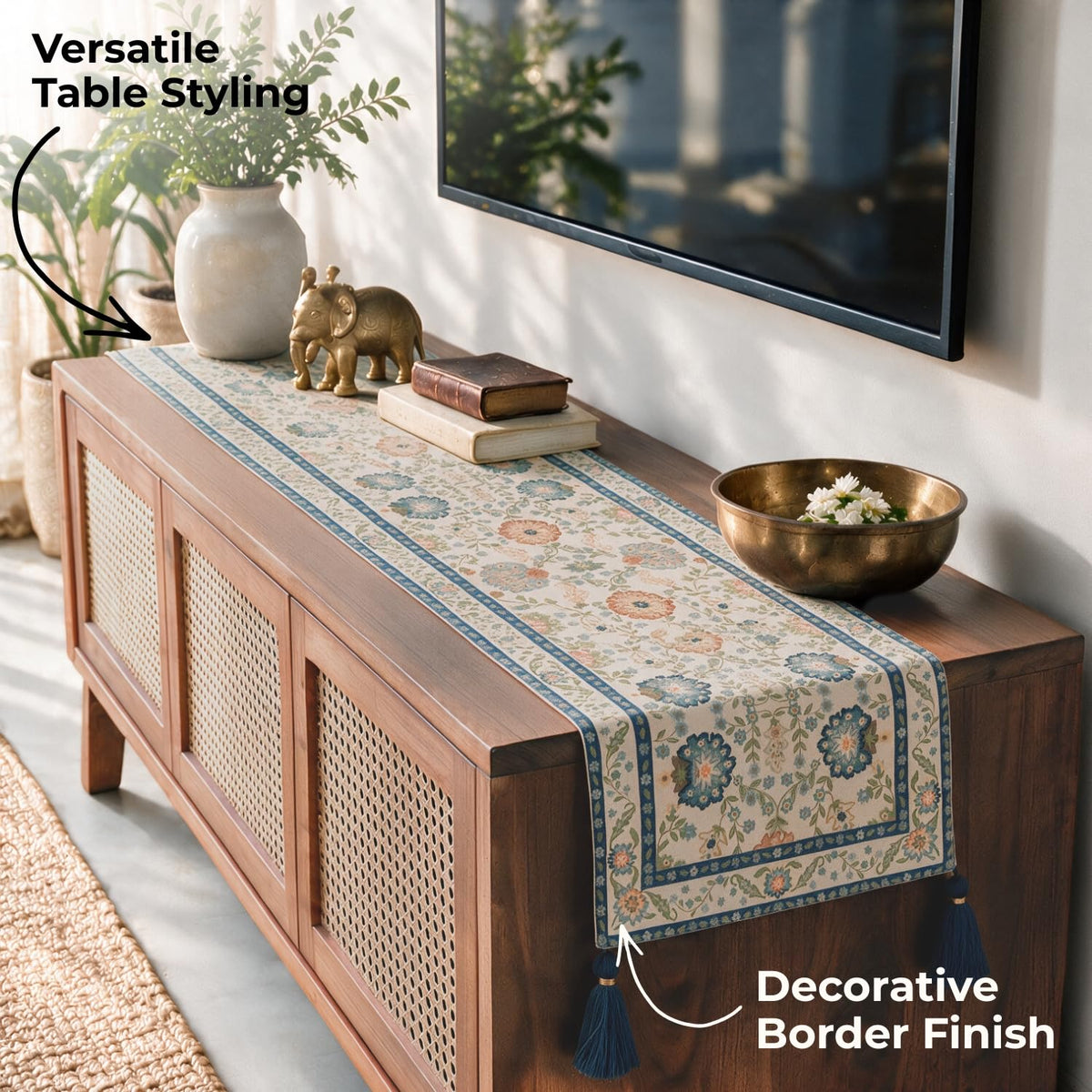HOKIPO Floral Printed Table Runner with Embroidered Details, Ivory & Blue - image 5