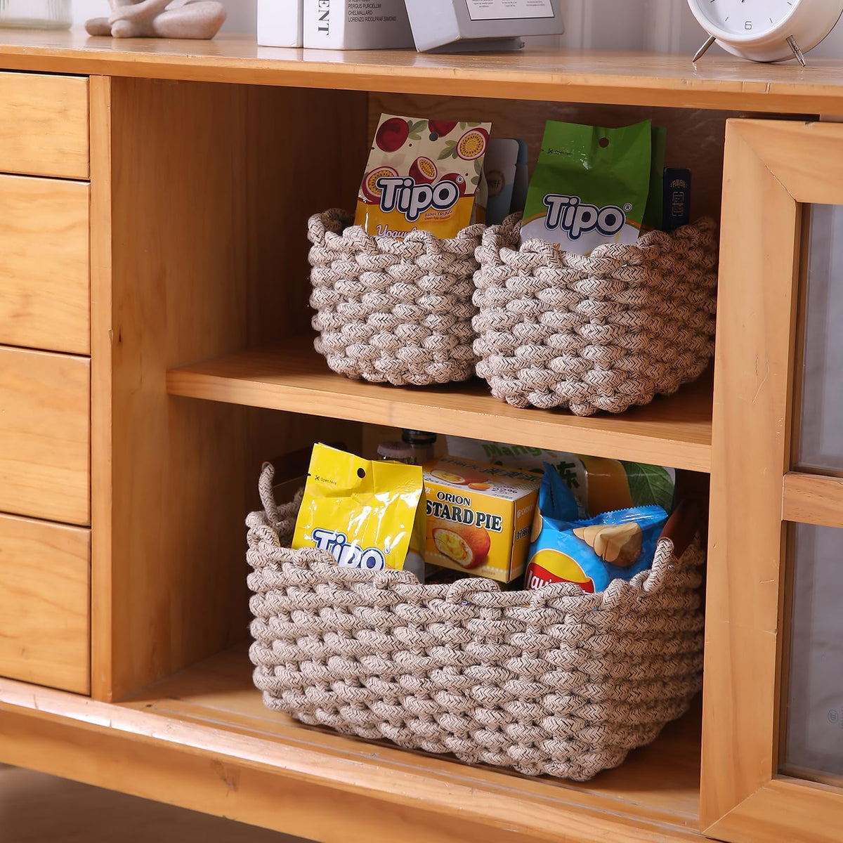 Eco-Friendly Thick Cotton Rope Storage Baskets Set of 3, Beige