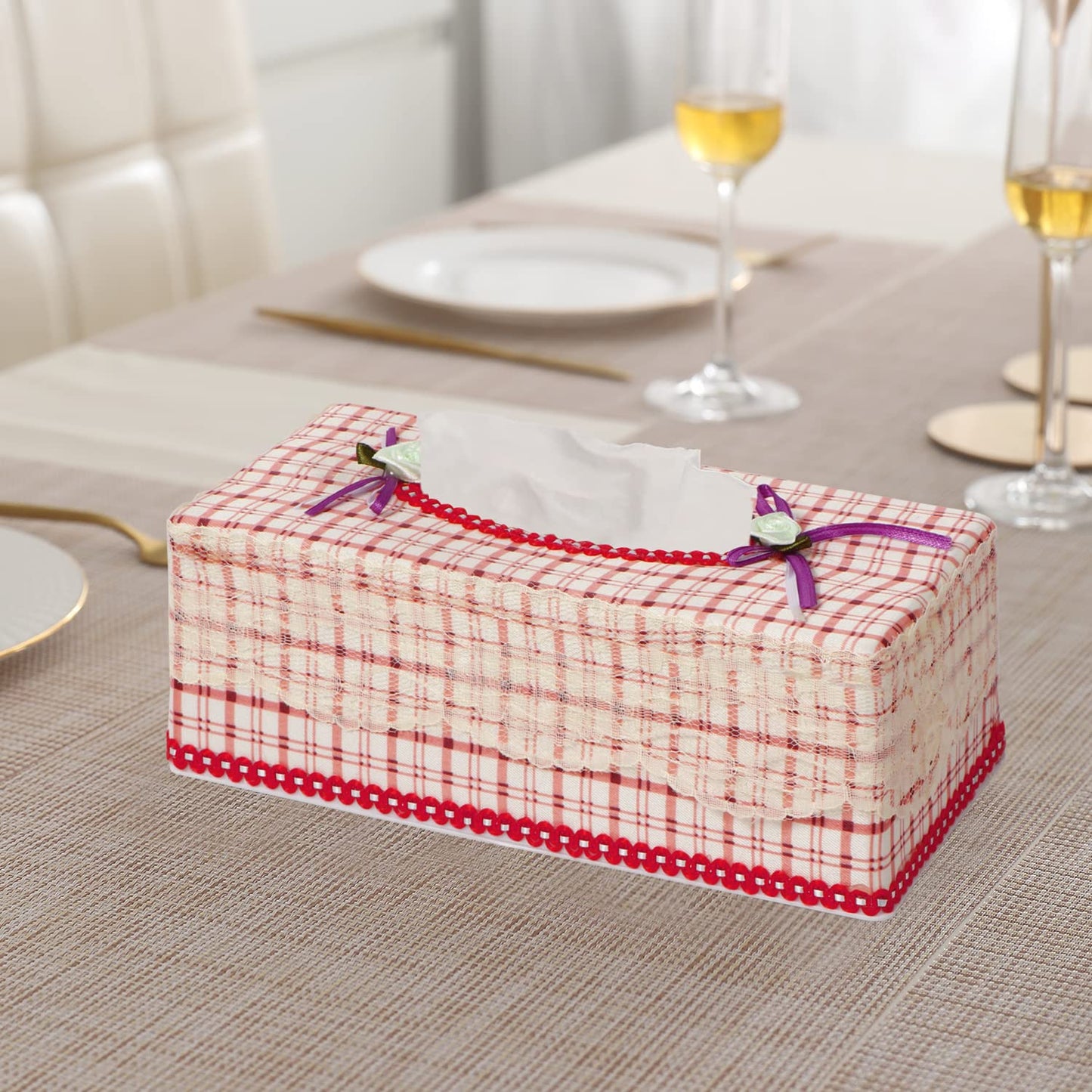Plastic Tissue Paper Box Holder, Check Red