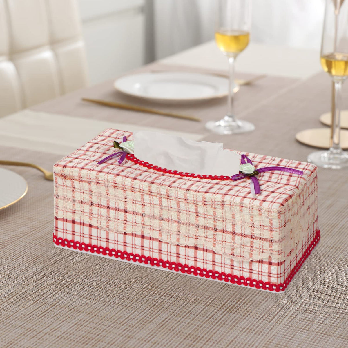 Plastic Tissue Paper Box Holder, Check Red