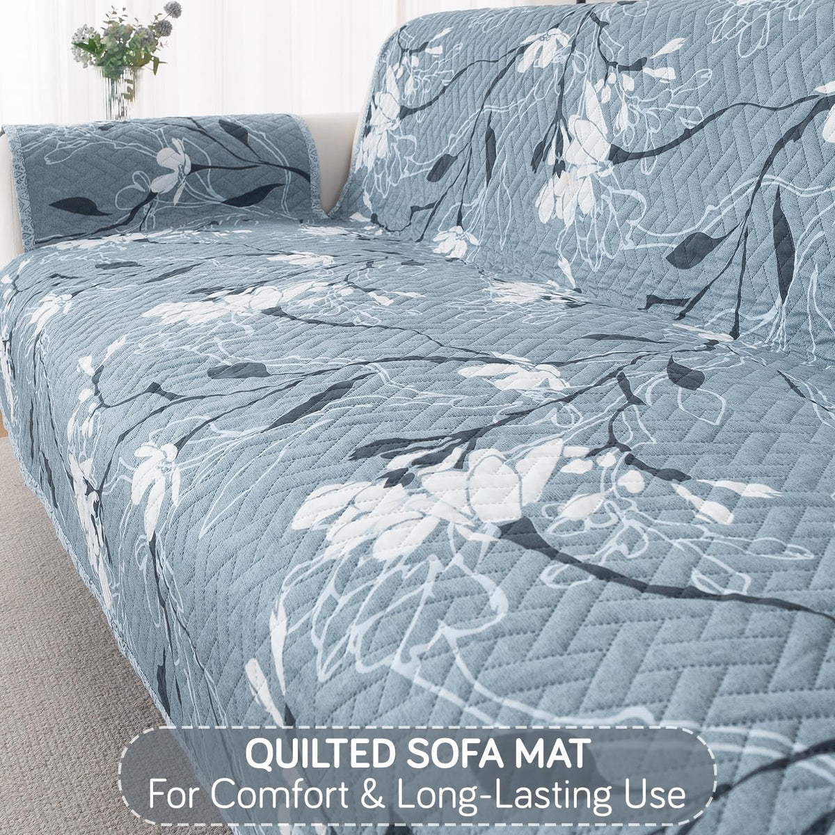 Easy Drape Reversible Quilted 5-Seater Sofa Cover (3+1+1), Blue Blossom