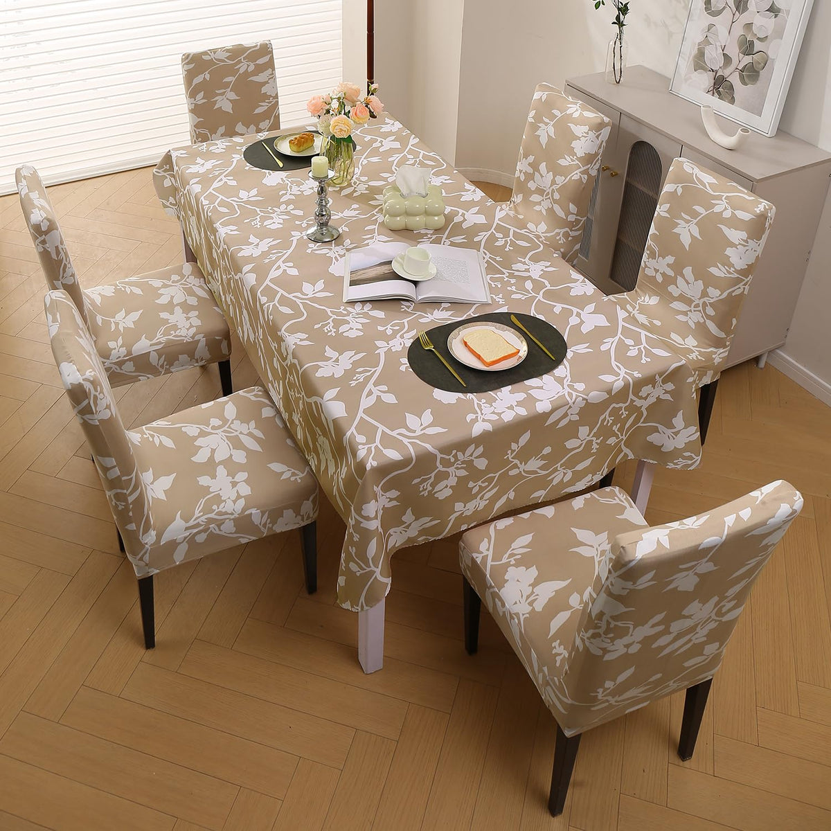 Elastic Dining Chair Covers with Matching Tablecloth, Buff Brown Sillehoute Floral