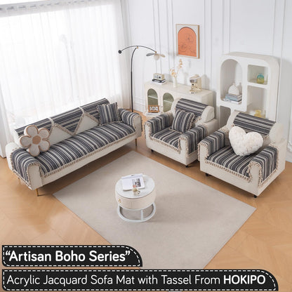 Artisan Boho 5-Seater Sofa Seat Mat with Tassels (3+1+1), Charcoal Black