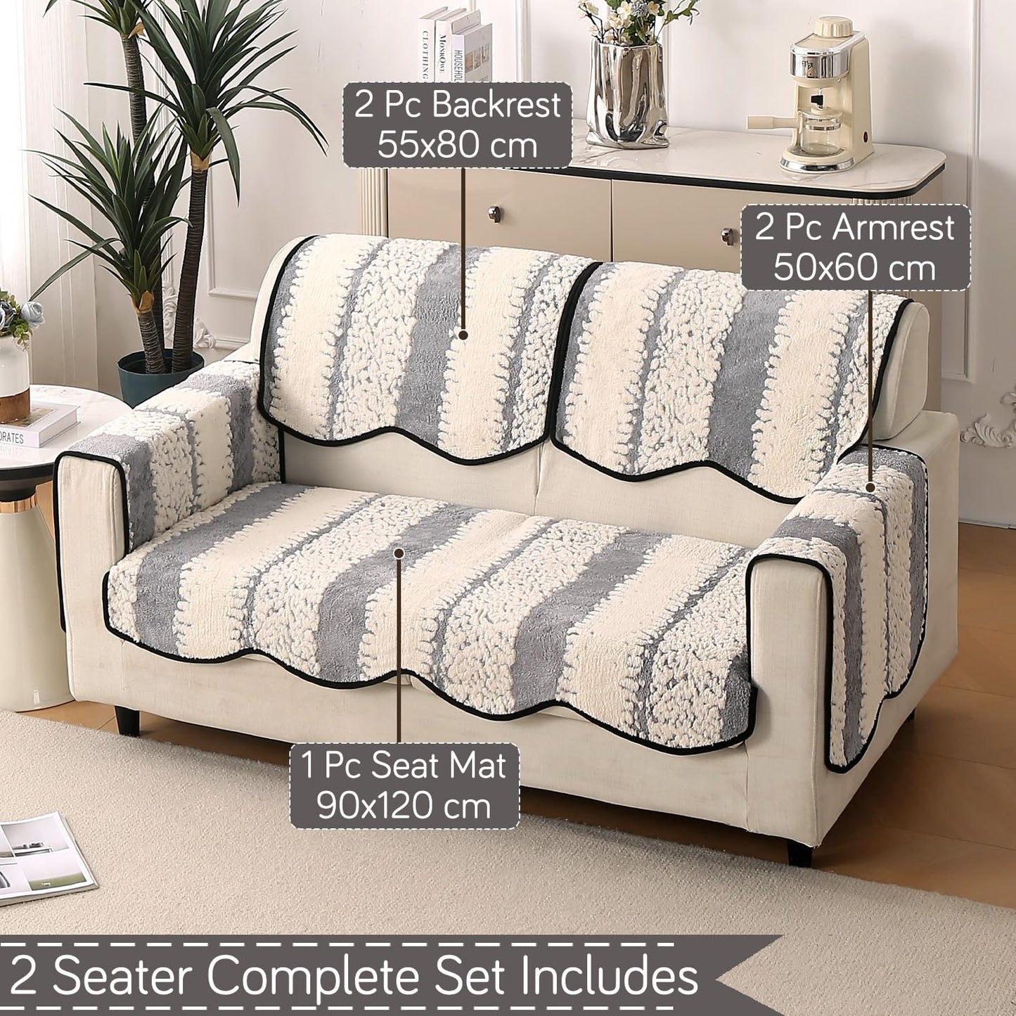 Luxury Sofa Cover Set | Seat, Back & Arm Covers | Anti-Slip Wavy Mat – Pewter Grey